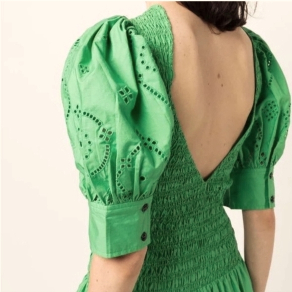 Ganni Backless Shereed Broderie Anglese Kelly Green Smocked Eyelet Midi Dress - Picture 2 of 13